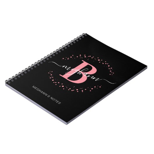 Carnet Fille rose Noir Nom Script Monogramme Noteb de l'é (Côté gauche)
