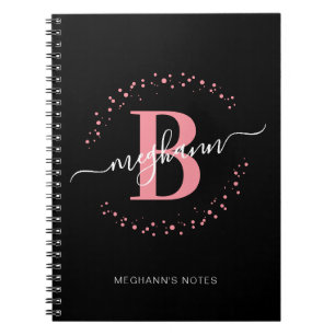 Carnet Fille rose Noir Nom Script Monogramme Noteb de l'é