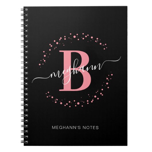 Carnet Fille rose Noir Nom Script Monogramme Noteb de l'é (Devant)