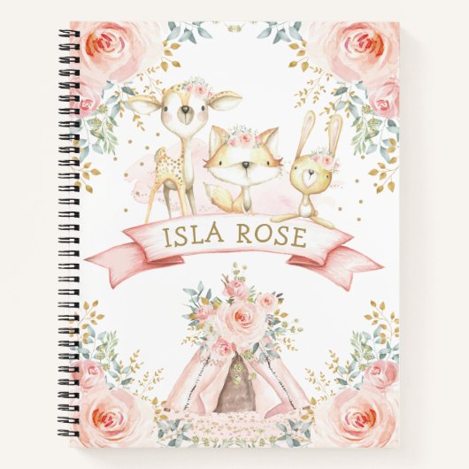 Carnet Fille Tribal Bois Animaux Blush Or Floral (Devant)