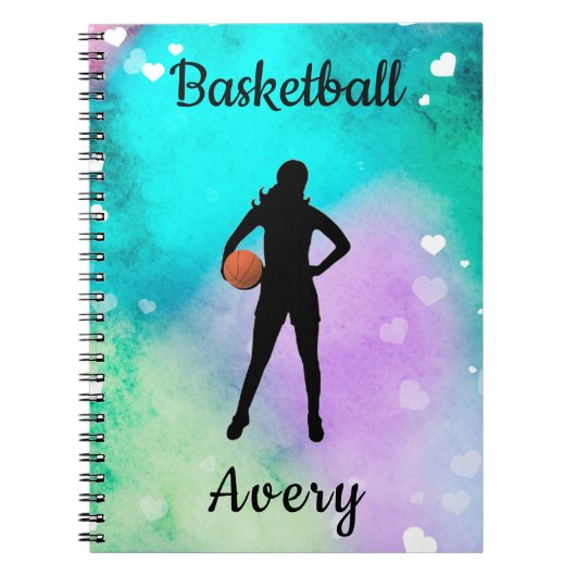 Carnet Filles Basketball Aquarelle avec Coeurs flottants (Devant)
