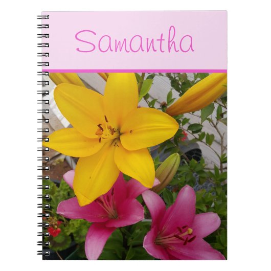 Carnet Filles de fleurs rose et jaune Lillies Nom (Devant)