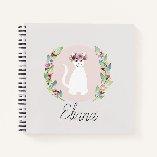 Carnet Filles mignonne Chat blanc avec fleurs et nom (Devant)