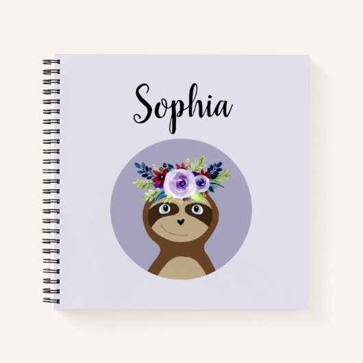 Carnet Filles mignonnes fleur d'aquarelle Sloth et nom (Devant)