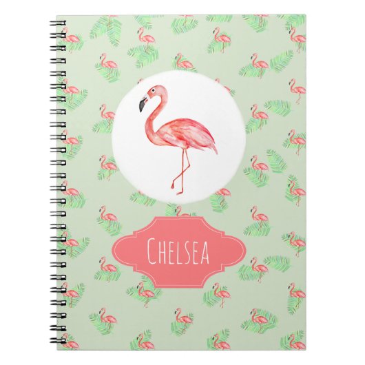 Carnet Flamant rose d'aquarelle tropicale de la fille Nom (Devant)