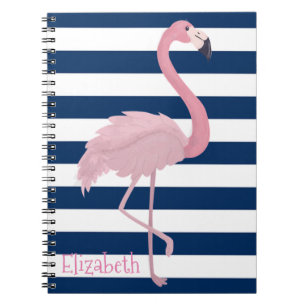 Carnet Flamant Rose, Rayures Bleu Marine-Personnalisé