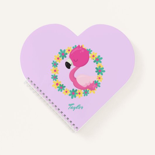 Carnet Flamant rose rose Bleu et jaune couronne florale (Devant)