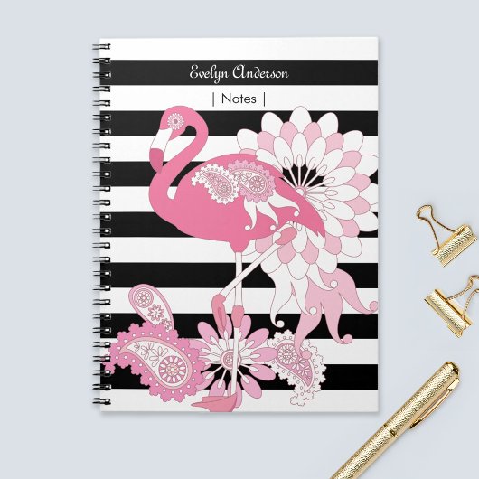 Carnet Flamant rose rose rayé noir et blanc moderne