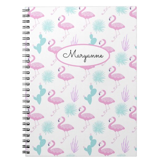 Carnet Flamant rose rose Turquoise Cactus Personnaliser N (Devant)