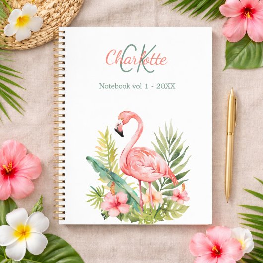 Carnet Flamant rose tropical monogramme