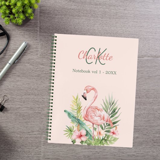 Carnet Flamant rose tropical monogramme