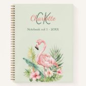 Carnet Flamant rose tropical monogramme vert sauge (Devant)