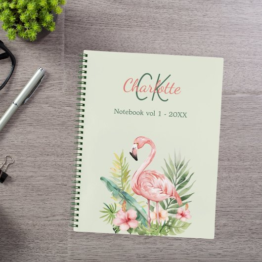 Carnet Flamant rose tropical monogramme vert sauge