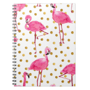 Carnet Flamants roses, points dorés, aquarelle.