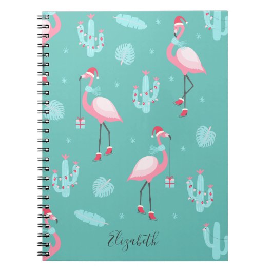 Carnet Flamants roses Santa Hat présente des flocons de n (Devant)