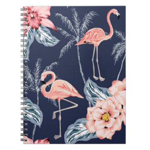 Carnet Flamingo rose, palmiers, rose, fleur d'orchidées,
