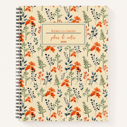 Carnet Fleur Botanique Orange Floral Vert Branche (Devant)