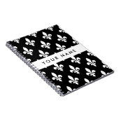 Carnet Fleur de Lis, Blanc sur Noir, Blanc, Votre Nom (Côté Droit)