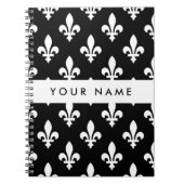 Carnet Fleur de Lis, Blanc sur Noir, Blanc, Votre Nom (Devant)