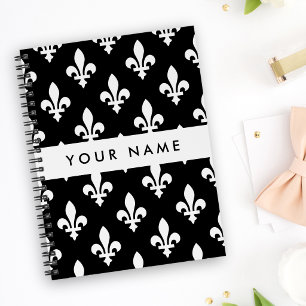 Carnet Fleur de Lis, Blanc sur Noir, Blanc, Votre Nom