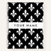 Carnet Fleur de Lis, Blanc sur Noir, Blanc, Votre Nom (Devant)