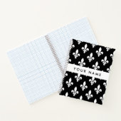 Carnet Fleur de Lis, Blanc sur Noir, Blanc, Votre Nom (Intérieur)