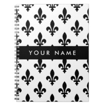 Fleur de Lis, Noir sur Blanc, Noir, Votre Nom