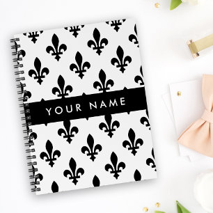 Carnet Fleur de Lis, Noir sur Blanc, Noir, Votre Nom
