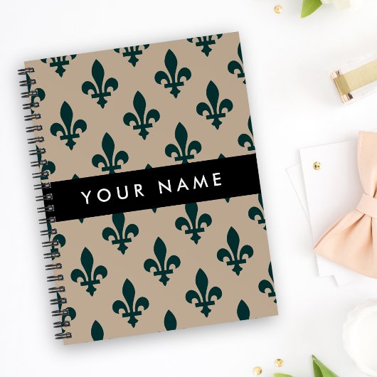 Carnet Fleur de Lis, Vert sur Beige, Royal, Votre Nom