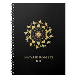 Carnet Fleur Mandala d'or noir élégant
