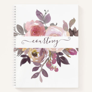 Carnet Fleur rose pastel et violet personnalisée