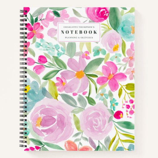 Carnet fleurie moderne girly pastel nom d'aquarelle flora (Devant)