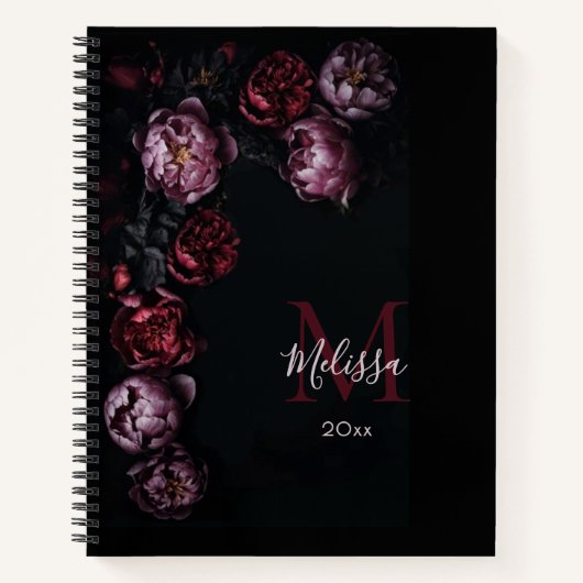 Carnet Fleurs 3D romantiques sombres Monogramme noir (Devant)