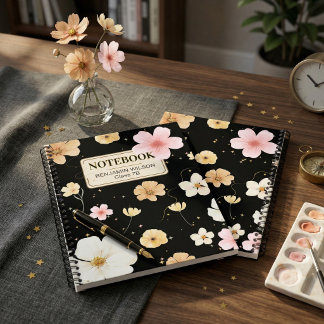 Carnet Fleurs à l'aquarelle noir et beige pour les étudia