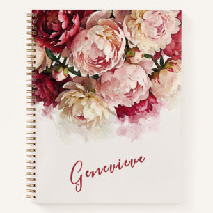 Carnet Fleurs aquarelle Nom personnalisé Pivoine élégan