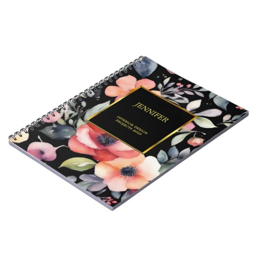 Carnet Fleurs aquarelles élégantes noir or professionnel (Côté gauche)