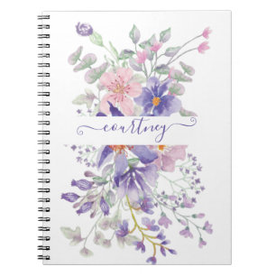 Carnet Fleurs aquarelles rose et violette personnalisées