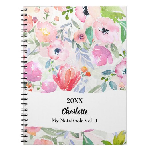Carnet Fleurs aquarelles roses violettes (Devant)