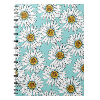 Carnet Fleurs blanches marguerites sur Pat vintage bleu s