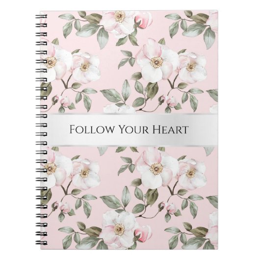 Carnet Fleurs blanches roses blush argentées blanches (Devant)