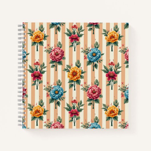 Carnet Fleurs Bleu Or Rose sur Rayures Beige (Devant)