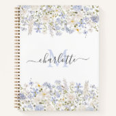 Carnet Fleurs Bleues Aquarelle Élégant Monogramme Script (Devant)