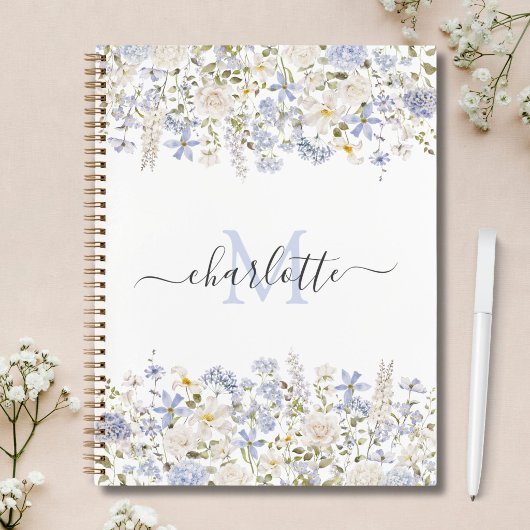 Carnet Fleurs Bleues Aquarelle Élégant Monogramme Script