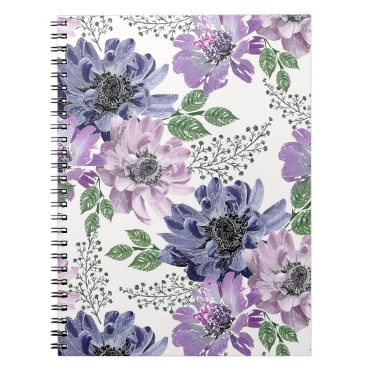 Carnet Fleurs bleues et lilas sur fond blanc. (Devant)