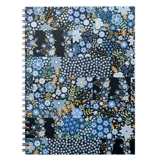 Carnet Fleurs Bleues Patchwork : Tissu sans couture. (Devant)