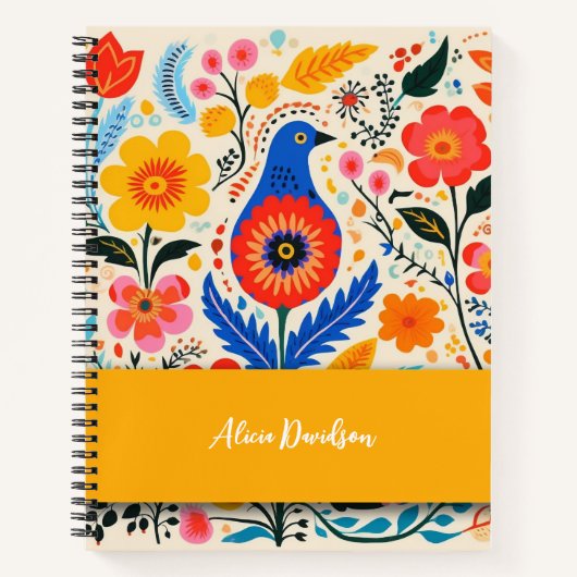 Carnet Fleurs Boho Folk Oiseau Bleu | votre nom (Devant)