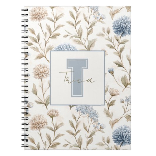 Carnet Fleurs Brunes Bleues Crème Monogramme Initial Nom (Devant)