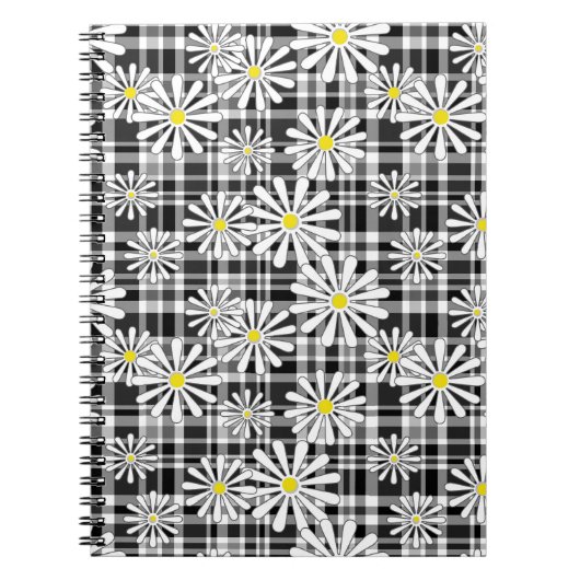 Carnet Fleurs chamomiques blanches sur à damiers noir bla (Devant)
