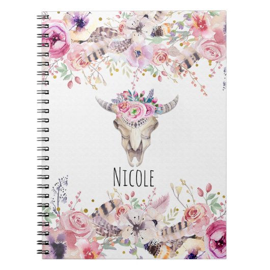 Carnet Fleurs & Crâne de Vache Rustique Campagne Glamour (Devant)