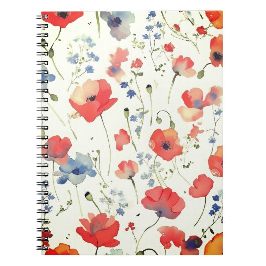 Carnet Fleurs d'aquarelle bleu et rouge (Devant)